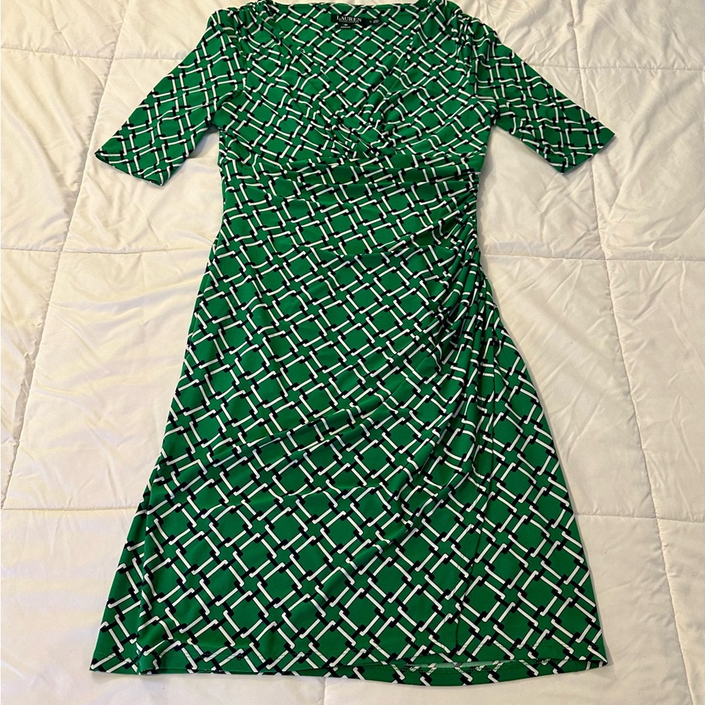 Lauren Ralph Lauren Sz 6 Green/Navy/White Geometric Ruched Midi Dress